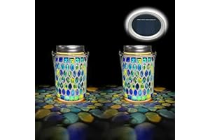 TOTHDATE 2PCS Mosaic Solar Lights Outdoor Garden, On/Off Glass Hanging Solar Mosaic Lanterns Lights IP65 Waterproof for Table Lawn Path Courtyard Deck Fence, Blue Mosaic Glass