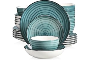 vancasso Bonbon Green Dinner Set- 24 Pieces Stoneware Dinnerware Set, Handpainted Spirals Pattern Ceramic Combination Set with Dinner Plate/Dessert Plate/Pasta Bowl/Deep Bowl, Service for 6