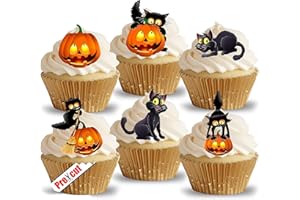 Anglesit 24 x Pre-Cut Cat & Pumpkin Edible Rice/Wafer Paper Cupcake Cake Toppers Halloween Party Birthday Decorations
