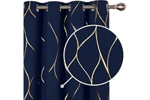 Deconovo Thermal Insulated Blackout Curtains, Gold Wave Foil Printed Eyelet Curtains for Bedroom 46 x 72 Inch (Width x Length), Navy Blue, One Pair