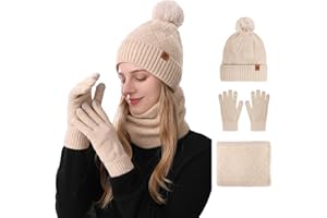 MAZELIKEHOOD Set Sciarpa Guanti Cappello Donna Inverno Caldo Cappello di Bobble con Sciarpa a Maglia e Guanti Tessuto Morbido e Comodo Accessori Moda Invernale Ideale per Regalo di Natale