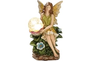 TERESA'S COLLECTIONS Siedzące elfy ogrodowe figurki ogrodowe do użytku na zewnątrz, solarne szklane kule oświetlenie, 25 cm, figurka wróżki, figurka z polystonu, kolorowa figurka ogrodowa, dekoracja