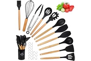 Ustensiles de Cuisine en Silicone, hicoosee 22 PCS Accessoire Cuisine Set sans BPA, Kit d'Ustensiles de Cuisine en Silicone et Bois, Ustensiles Cuisine Antiadhésive Set avec Pot de Rangement, Noir 01