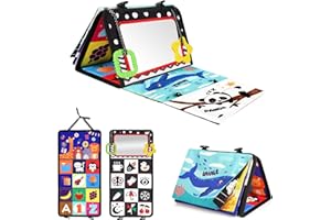 URMYWO Jouet Bebe 0-3-6-9-12 Mois - Miroir d'Éveil Pliable avec Jouet de Dentition et Livre Papier froissé Sensoriel - Montessori Noir et Blanc à Motifs Contrastés pour l'Éveil des Bébés