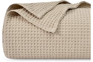 PHF 100% Cotton Waffle Blanket Double Size 150 x 200cm - Pre-Washed Soft Lightweight Throw Blanket for All Season - Perfect Blanket Layer for Couch Bed Sofa - Elegant Home Decoration Khaki