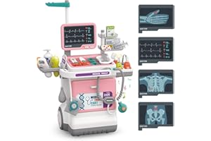 FEGALOP Doctor Kit for Kids Pretend Medical Station Set for Boys & Girls Mobile Cart with Stethoscope and Medical Toy Play Set, Educational Role Play Toys for 3+ Kids Christmas Birthday Gifts (Pink)