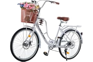 LSLIFE 24/26 Inch Vintage Ladies Bike with Basket 7 Speed, Lightweight City Bicycle Retro Bicycle Rear Rack Adjustable Handlebar and Seat Disc Brake White Urban Bike for Women Girls