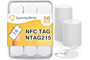 Summerbrite 50PCS NFC Tags NFC Stickers NTAG 215 Chip NFC Tag with Adhesive Back RFID Tag Round NFC Cards Rewritable NFC 215 Tag 504 Bytes Memory Compatible with Most NFC-Enabled Devices-White