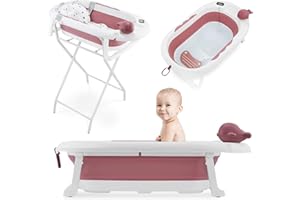 Moby-System Składana Wanienka Dziecięca Holly z Termometrem LCD Wkładką i Stojakiem – Składana Łatwo – Komfort Kąpieli, Bezpieczne Materiały – Od Noworodka – Brudny Róż