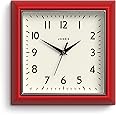 Jones Clocks® Mustard Square Retro Wall Clock Modern Colour Design Perfect as a Kitchen Clock, Living Room Wall Clock or Office Clock with Easy to Read Numbers 25cm (Red)