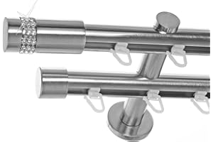 BASIT Gardinenstange 2 läufig Innenlauf Wandmontage 240 cm lang Edelstahl Look Vorhangstange doppelläufig mit Ø20mm Gardinenstangenset zweiläufig H40