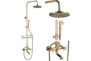 SAEUWTOWY Retro Cascada Grifo de la Ducha Tina Latón Antiguo Kit con Soporte Extensible (100-135 cm) 3 Salidas 8" Cabezal de ducha superior + ducha de mano + bañera