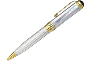 Xezo Stylo à bille à mécanisme tournant Maestro, pointe moyenne. Nacre blanche d'origine océanique avec plaquage de platine pur et or 18 carats. Fabriqué à la main, édition limitée, numéroté