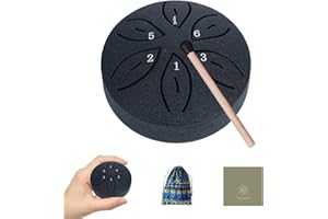 TINGSING Tamburo antipioggia per giardino esterno, 7,6 cm, 6 note, in acciaio, con borsa in tessuto, bacchette, libro musicale, strumento musicale per adulti, regalo per adulti, nero