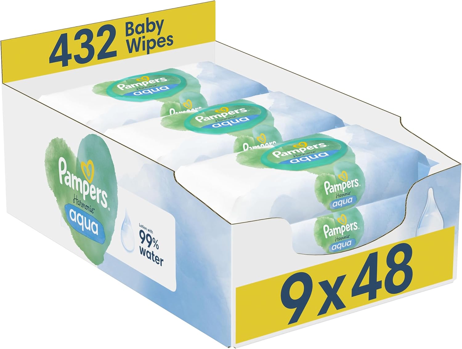 Pampers Harmonie Aqua Baby Wipes Plastic Free 9 Packs of 48 Wipes, 432 Baby Wet Wipes, Help restore natural skin pH, Delicate lotion with 99 percent water