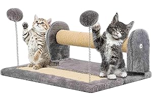 ALAYSTAR Cat Scratching Post & Foldable Scratch Sisal Board – Plush Covered with Spring Play Balls Toy – Healthy Play Activity for Kitten & Cat