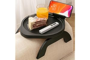 SITREMEN Bamboo Sofa Arm Tray Table with Rotating Mobile Holder, Stable Couch Armrest Tray, Clip-On Sofa Tray Table for Wide Couches, Foldable Couch Arm Clip Table for Eating and Drinking(Black30)