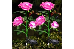 EAAERR - Paquete de 2 luces solares de jardín con 6 flores de rosa rosa más grandes, luces de jardín alimentadas por energía solar impermeables para camino, patio, boda, fiesta (rosa)