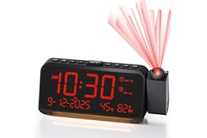 Roxicosly Alarm Clock Radio with Projector, Ceiling Projection Clock for Bedroom with USB & Type C Port, 5 Dimmer, 7 Volumes, 2 Night Light, Dual Alarm, Snooze, Temperature, Humidity, Date