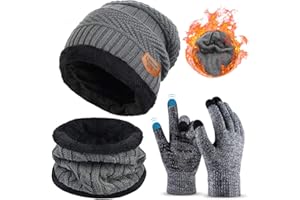 LALAFANCY 3 Pieces Winter Beanie Hat Scarf Set and Touch Screen Gloves Warm Thick Knit Fleece Lined Skull Cap Gifts for Men Women
