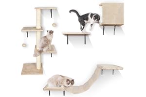 HEVOL Étagères Murales pour Chat, 10 pièces Ensemble de Meubles, Arbre a Chat Mural avec Balle, Lit, Pont, Perchoir, Meuble pour Chats D'intérieur Jusqu'à 10 kg, Beige