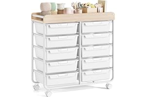 SYKIARIOL Rolling-Utility-Storage-Trolley-Cart-Craft-Organizer on Wheels with 10 Drawers & DIY Label Slot for Home, Office,Classroom, Make Up, 10 Drawers Art Supply Organizers, Craft Trolley, White