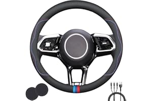 SUYEAH Universal Steering Wheel Cover,Stylish Non-Slip Premium Leather Steering Wheel Cover for Steering Wheel with a Diameter of 14.5"-15" with 2 Coasters and 3-in-1 USB Charging Cable (Style B)