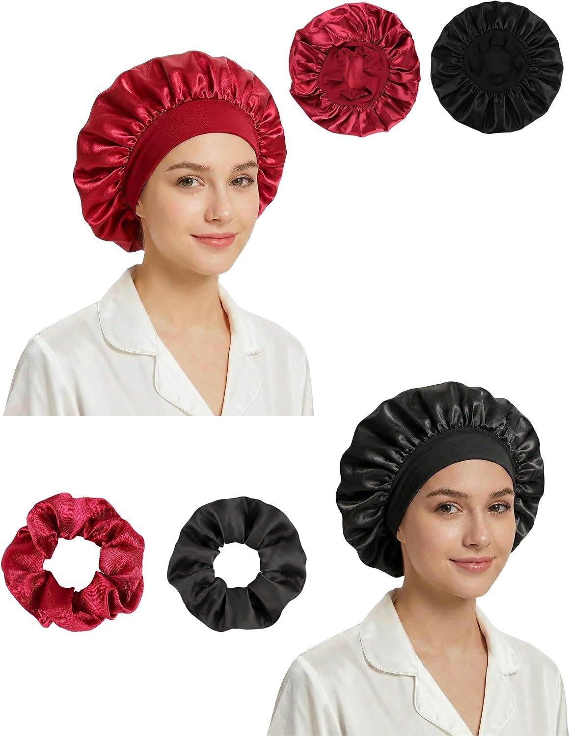 lulir Gorro de Seda para Dormir 2 Piezas - Gorro Saten Pelo Rizado con 2 Coleteros, Silk Bonnet Ajustable con Banda Elástica, Suave Antifrizz Cuidado del Cabello, para Mujer y Niña