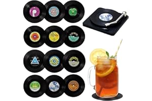 AATPUSS 12 StückGlasuntersetzer,Vinyl Schallplatten Untersetzer,Retro Vinyl Record Glasuntersetzer,Untersetzer Gläser,Runde Silikon Untersetzer,für Bars, Cafés, Haus, Party, Büro