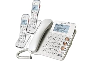Geemarc Amplidect 595 Combi Twin - Extra Loud Set of Home Telephones with Emergency Call Function and Big Buttons for Seniors - Medium to Severe Hearing Loss - Hearing Aid Compatible - UK Version