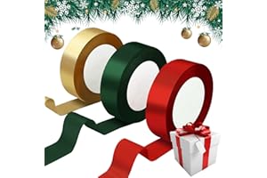 Annhao Ruban Satin de Noël pour Emballage, 25mm x 69M, 3 Rouleaux Rouge Vert Foncé Or pour l'Artisanat, Décorations, Mariage, Anniversaire, Fête