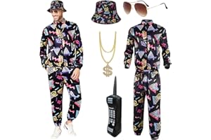 Xerteam 80s 90s Fancy Dress Men with Accessories, Retro 80s 90s Hip Hop Outfit for Adults, 80s Fancy Dress Set with 1 Sportswear Shirt Pant Hat Necklace Balloon Glasses