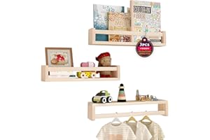 Aichilra Estantería Juego de 3 flotantes para libros y juguetes, ideal para habitaciones infantiles | Madera natural