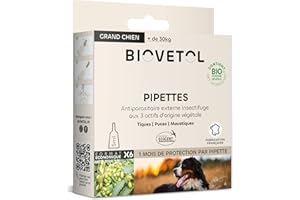 BIOVETOL - Pipettes Antiparasitaires Chien - Antiparasitaire Bio Certifié Ecocert - Anti-puces, Anti-Tiques (pour Grand Chien (+ de 30 kgs), 6 pipettes)