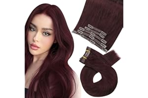 ‎MORESOO Moresoo Clip in Extensions Echthaar Rot Remy Extensions EchthaarClip in Weinrot Doppelt Tressen Weinrot Haarteile Echthaar Clips Voller Kopf 5 Tressen 70g 35cm #99J