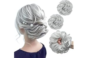SARLA 2PCS Messy Hair Bun Hair Piece Small Scrunchies Synthetic Bun Hairpieces for Women Girls Updo Hair Extensions (Light Silver Grey)