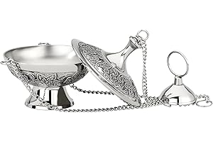‎MAMEMI WEIHRAUCHFASS versilbert 10 x 10 cm – ANTIK-Design aus Messing mit 25 cm Kette – Räuchergefäß zum SCHWENKEN oder Stellen – für WEIHRAUCH & KRÄUTER – MaMeMi Markenqualität