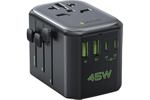 EPICKA Uniwersalny Adapter Podróżny 45W PD, Uniwersalne Gniazdko Podróżne z 2 portami USB-C i 2 USB-A, Adapter Międzynarodowy do Europy, USA, UK, Czarny