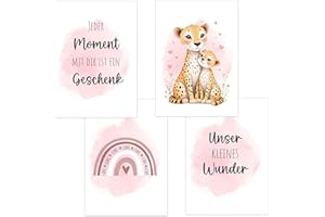 POLYMEDIA 4er Set Baby DIN A4 Bilder mit Gepard, Regenbogen und Sprüchen, Poster mit Tiermotiv für Babyzimmer, 200g/m² Papier, Kinderzimmer Wanddeko, für Bilderrahmen, Dekoration für Jungen & Mädchen, Rosa