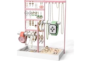 Caluself Présentoir à bijoux rose - Porte-bijoux - Avec base de rangement pour bagues - Pour boucles d'oreilles, bracelets, montres