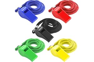 AMANDELIZABE 5 silbatos Deportivos con cordón para el Cuello, Colores de plástico, Silbato de trino, Silbato de fútbol, Silbato de árbitro, Silbato para Entrenador, árbitro, Profesor, Emergencia