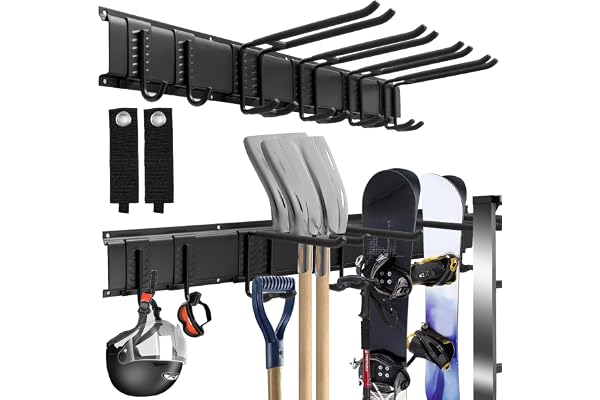 Sinoer Panier mural de gestion d'outils de garage, support métallique pour outils de jardin, rangement outils,range outils de jardin,accroche balai ,support outils mural,32 pouces 6 crochets