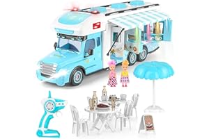 Charmofun Voiture Télécommandée Fille, Voiture Radiocommandée Enfant Camping-Car Télécommandé avec 2 Poupées, Lumières et Musique, Jouet Cadeau Fille 3-10 Ans (Bleu)