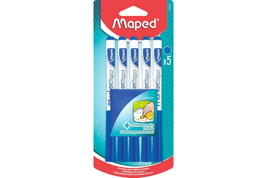 Maped - 5 feutres Effaçables à Sec pour Ardoise et Tableau + 1 Chiffonnette