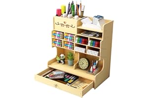 CATEKRO Desk Storage Box Wooden Multi-Function Drawer Desk Storage Box Stationery Storage Pen Holder For Office, School And Home (White)