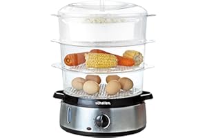 Schallen Premium Healthy Eating Electric Food Steamer Machine Large 9L Capacity 3 Tier Rice Meat Vegetable Food Steaming Cooker | Stainless Steel Silver & Black | 60 Minute Timer