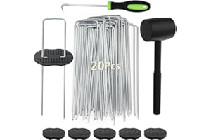 Wohohoho 20 Weed Control Membrane Pegs + 20 Buffer Washer, with Pick Hook and Black Hammer. 6" Artificial Grass Pegs Garden Landscape Staples Stakes for Tent Turf Weed Barrier Fabric hose fence