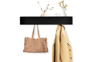 LINTRA Colgadores de Pared, Negro Percheros de Pared, Ganchos Percheros, con 5 Ganchos Ocultos y Estantes de Madera, para Dormitorios, Pasillos y Salas de Estar