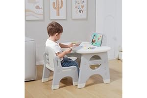 Benarita Set tavolo e sedia per bambini con lavagna cancellabile matite acquerellabili Tavolo multifunzionale per attività e studio in plastica per bambini Ideale per dipingere e disegnare (Grigio)