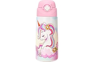 NTSWASD Borraccia Termica Bambini, In Acciaio Inox, 500 Ml,senza Bpa,bottiglia Acqua Con Cannuccia A Prova Di Perdite, Per Scuola, Asilo (Unicorno)